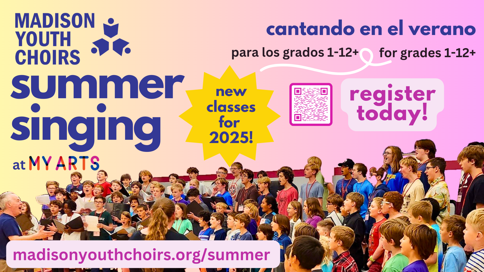 choir singing, smiling, text "summer singing"